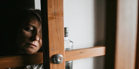 Sad woman hiding behind wood