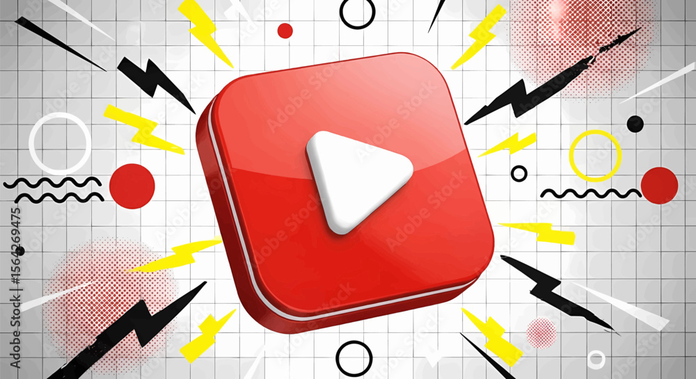 Poster retro-futuristic glossy red play button on a textured grid background