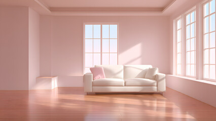 Fototapeta premium Minimalist interior with couch, large windows, wooden floor, and gentle pink hue.