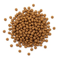 Pile of dry pet food kibble for dogs or cats on white background