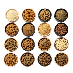 Variety of pet food options in bowls for animal nutrition needs
