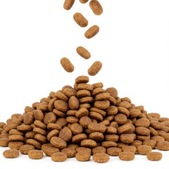 Pile of dry pet food falling isolated on white background studio