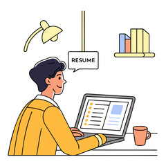 Young man creating a professional resume on his laptop with a desk lamp and books in the background career development concept