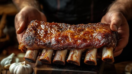 Barbecue beef ribs held by hands over wooden board