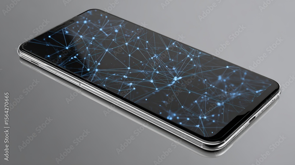 Poster digital network concept: high-tech smartphone display with blue connection lines