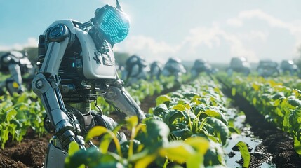 Futuristic Farming: Robots Cultivating Crops in a Sunlit Agricultural Field