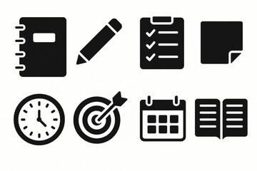 Office Essentials Solid Icon Set - Business, Productivity, and Planning Symbols Vector Collection