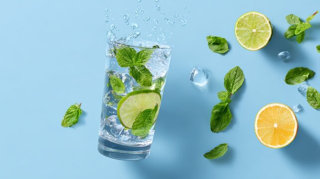 Refreshing citrus and mint splash on ocean blue background - ideal for summer beverage designs