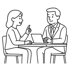 A man and a woman are sitting at a table, engaged in a business meeting, discussing ideas and using a laptop, showcasing collaboration and teamwork.