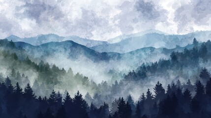Misty mountain range with dense forest.