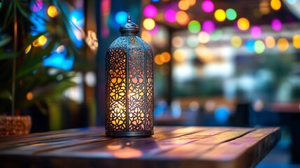 Ornate lantern casting a warm glow in a festive atmosphere on wood table