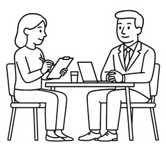 A man and a woman are sitting at a table, engaged in a business meeting, discussing ideas and strategies, showcasing effective communication and collaboration in a professional setting.