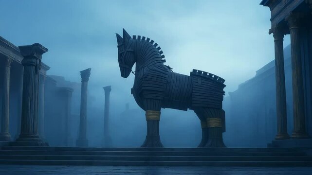 A large wooden Trojan Horse stands in the center of an ancient, foggy city surrounded by classical ruins and columns