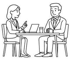 Obraz premium A man and a woman in business attire are sitting at a table, engaged in a discussion, with a laptop and a glass of water present, suggesting a business meeting or interview.