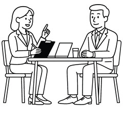 A man and a woman in business attire are sitting at a table during a meeting, discussing ideas and reviewing documents, showcasing effective business communication and collaboration.