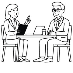 A man and a woman in business attire are sitting opposite each other at a table in a simple meeting, discussing work over documents and a laptop, showcasing professionalism and collaboration.