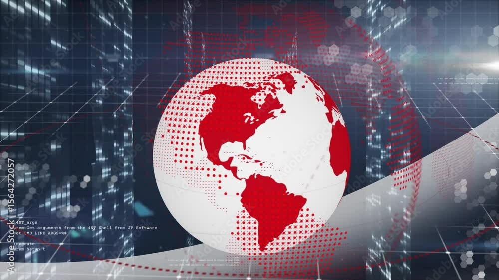 Poster upon startup, red-and-white globe spinning left with data dots and code lines visualizing data flow