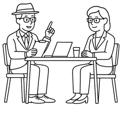 A man and a woman in business attire are sitting at a table, engaged in a discussion, with a laptop and documents present, suggesting a business meeting or consultation.