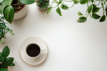 Minimalist Workspace Flatlay With Greenery and Coffee Cup