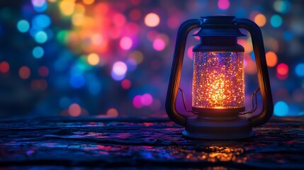 Enchanting glow: Vintage lantern casting light amid festive bokeh night scene