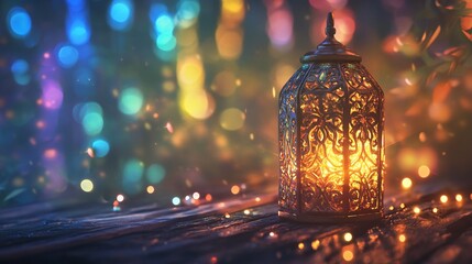 Ornate Lantern Casting a Warm Glow Amidst Festive Bokeh Lights Backdrop