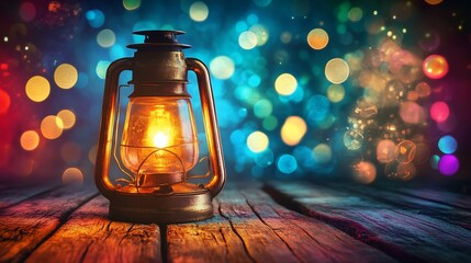 Nostalgic glow: Vintage lantern illuminating a wooden surface with bokeh background