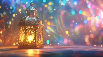 Intricate gold lantern casting warm light with colorful bokeh background
