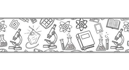 A repeating pattern of science-related illustrations, featuring laboratory equipment and educational tools.