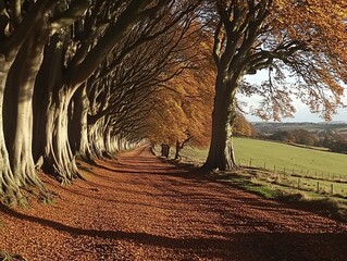 Majestic avenue of trees in vibrant fall foliage leading into the distance