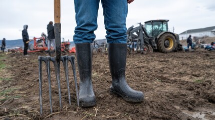 Outdoor farm work scene with black rain boots and blue jeans in rural setting