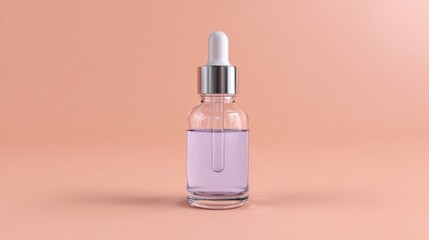 Naklejka premium Glass dropper bottle with lavender liquid on soft pink background for aromatherapy and skincare