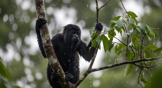 Black Howler Monkey in Rainforest Rain, Dramatic Wildlife Photography - High-quality stock image for commercial use