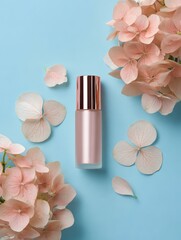 Elegant display of pale peach hydrangea blossoms and petals with cosmetic bottle on blue background
