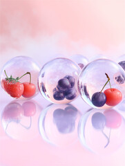 みずみずしい水滴の中のフルーツのピンク背景