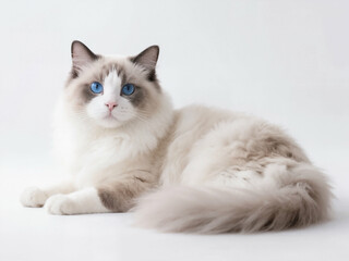 A beautiful Ragdoll cat with bright blue eyes and soft, fluffy fur elegantly lies on a clean white background, looking at the camera.