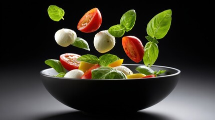 Fresh tomato and mozzarella salad with basil leaves floating in mid-air