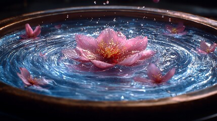 Pink flower splashing in water basin, ripples, dark background
