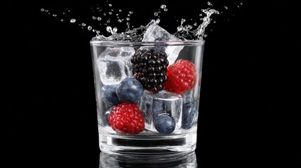 Refreshing ice cubes and berries splashing in glass for beverage concepts