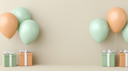 Soft pastel birthday celebration background with mint green and peach balloons and gifts