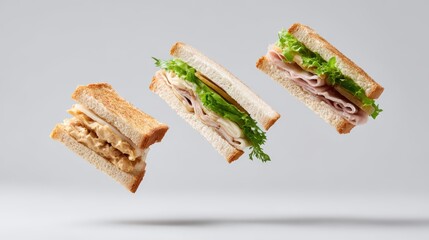 Three sandwich pieces floating midair with lettuce and meat against grey background