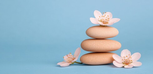A serene arrangement of smooth, pastel-colored pebbles with delicate pink flowers on a soft blue background, evoking tranquility and natural beauty.