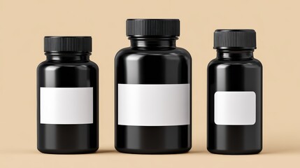 Three black plastic supplement bottles of various sizes for health and fitness products display
