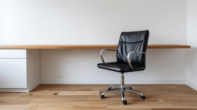 Modern office setup with swivel chair and wooden desk on hardwood floor