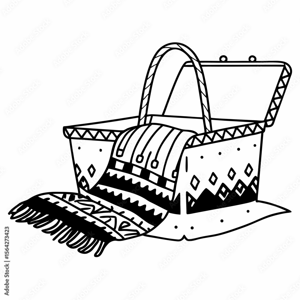 Poster an open picnic basket with a patterned blanket isolated on white background