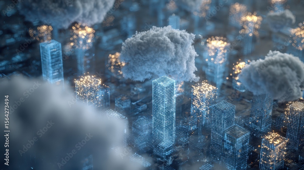 Poster digital cityscape with interconnected skyscrapers and hazy clouds.