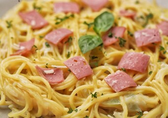 Spaghetti alla carbonara or carbonara is an Italian dish in the form of spaghetti cooked with egg, cheese and meat sauce