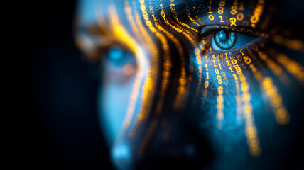Digital identity portrait composed of cascading golden binary code strands across a human face representing cybersecurity vigilance and artificial intelligence awareness.

