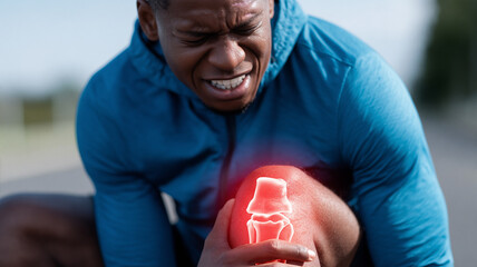 Athlete grimacing while clutching an illuminated knee joint overlay that vividly visualizes acute sports injury and debilitating joint pain.
