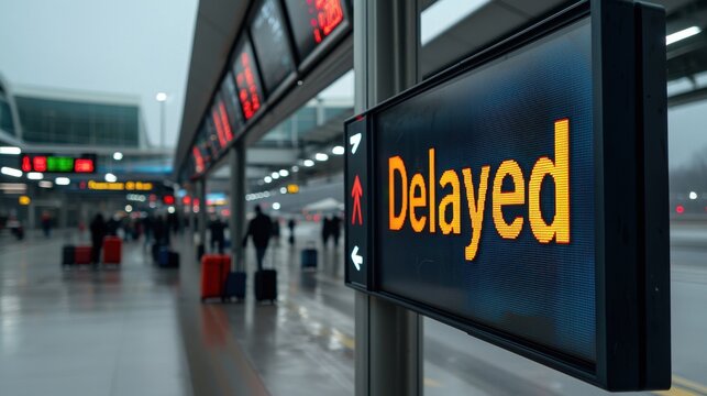 Flight Delay Information Sign at an Airport with Passengers Waiting in the Background During Foggy Weather