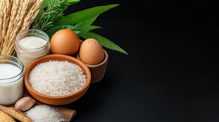 Top view of various risotto ingredients arranged on a rustic wooden table including rice, eggs, milk, and fresh green herbs for a delicious dish